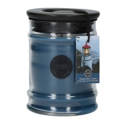 Blaue Kerze im Glas mit schwarzem Deckel und Lighthouse-Anhänger