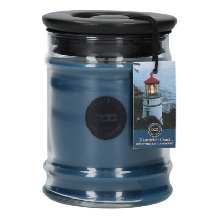Blaue Nantucket Coast Kerze im Glas mit schwarzem Deckel und Anhänger