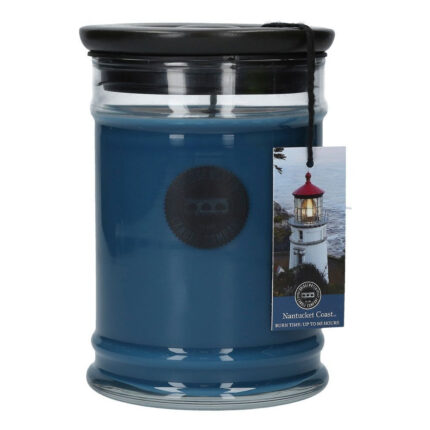 Blaue Nantucket Coast Kerze im Glas mit schwarzem Deckel und Leuchtturm-Anhänger