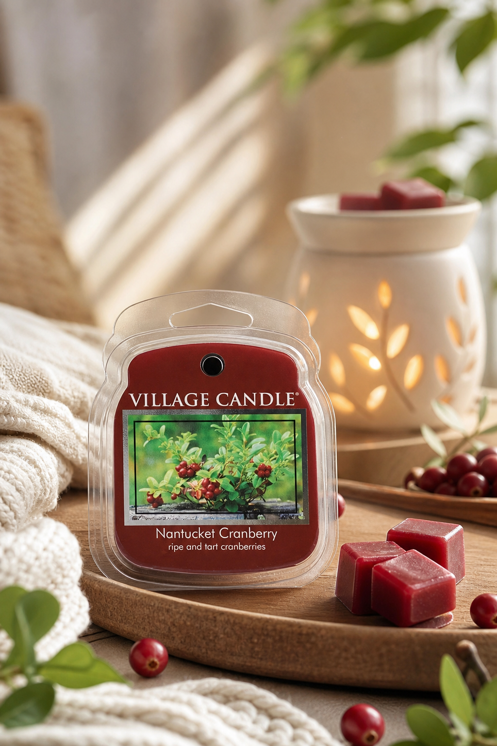 Village Candle Nantucket Cranberry Duftwachs neben Duftlampe und roten Wachswürfeln