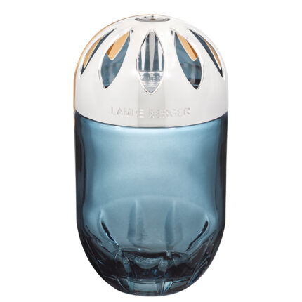 Blaue Lampe Berger mit silberner Kappe in Frontalansicht