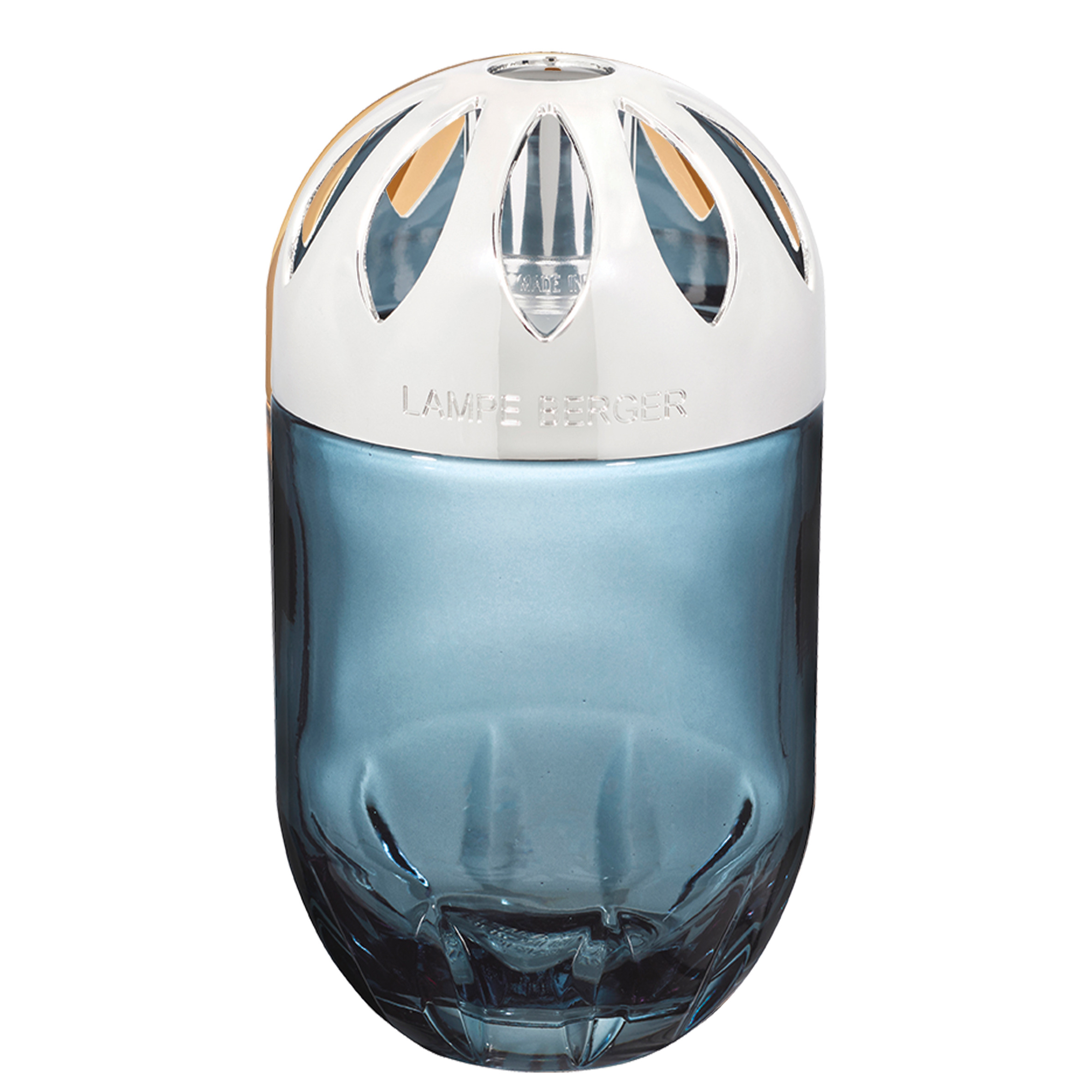 Blaue Lampe Berger Blaue Lampe Berger mit silberner Kappe in Frontalansicht