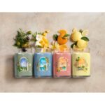 Vier Yankee Candle Kerzen mit sichtbaren Früchten und Blüten