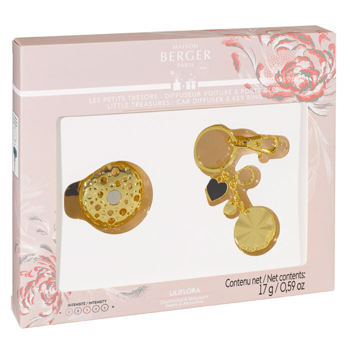 Geschenkset mit goldenem Autoduft und Schlüsselanhänger in rosafarbener Verpackung