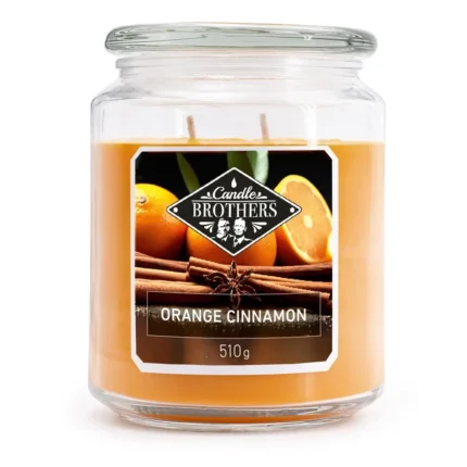 Orange Cinnamon Kerze im Glas mit sichtbarem Markenetikett und zwei Dochten