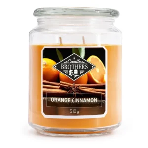 Orange Cinnamon Duftkerze im Glas mit zwei Dochten und Etikett
