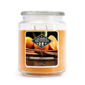 Orange Cinnamon Kerze im Glas mit sichtbarem Markenetikett und zwei Dochten