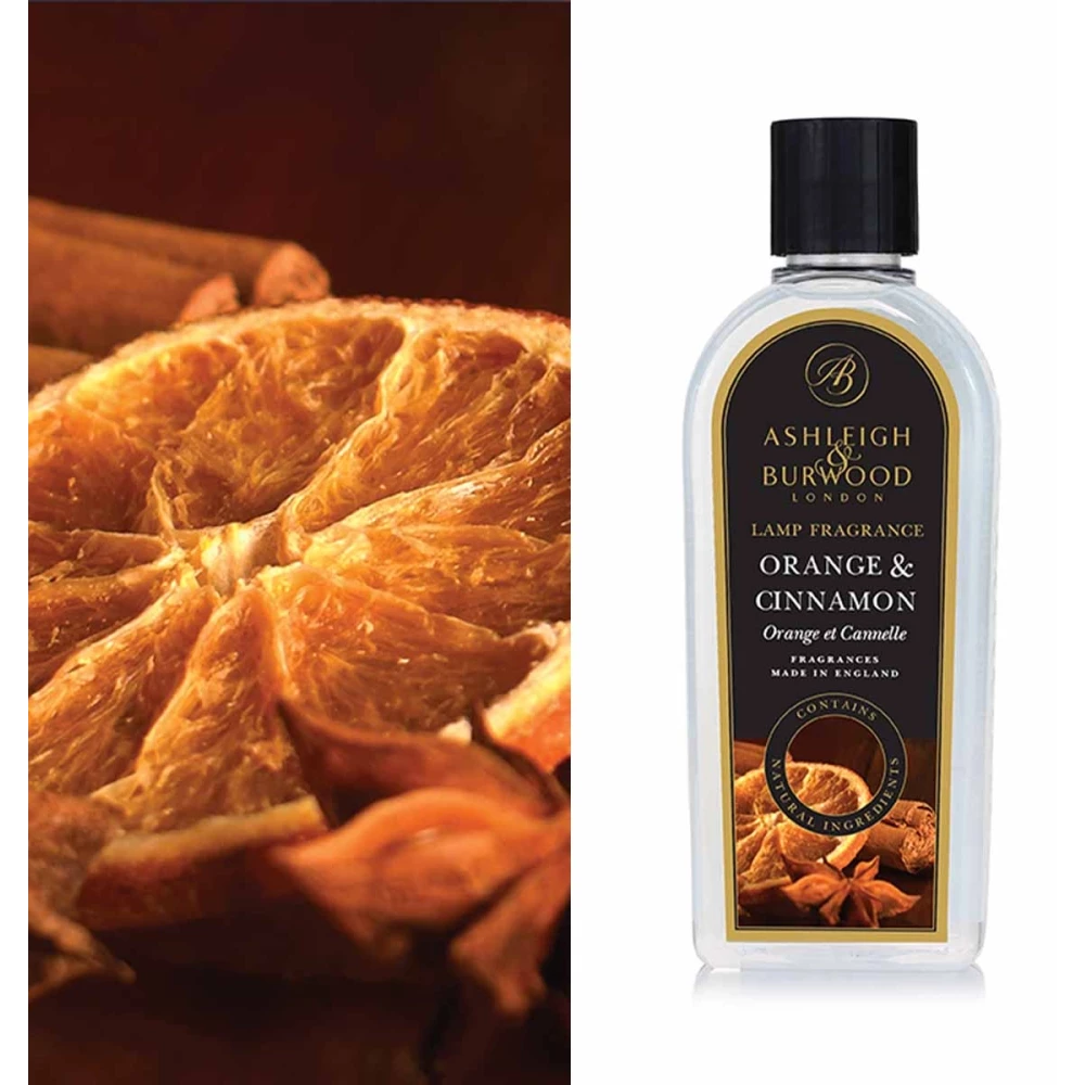 Orange & Cinnamon Duftlampenöl Flasche mit Ashleigh & Burwood Lamp Fragrance Orange & Cinnamon vor weißem Hintergrund