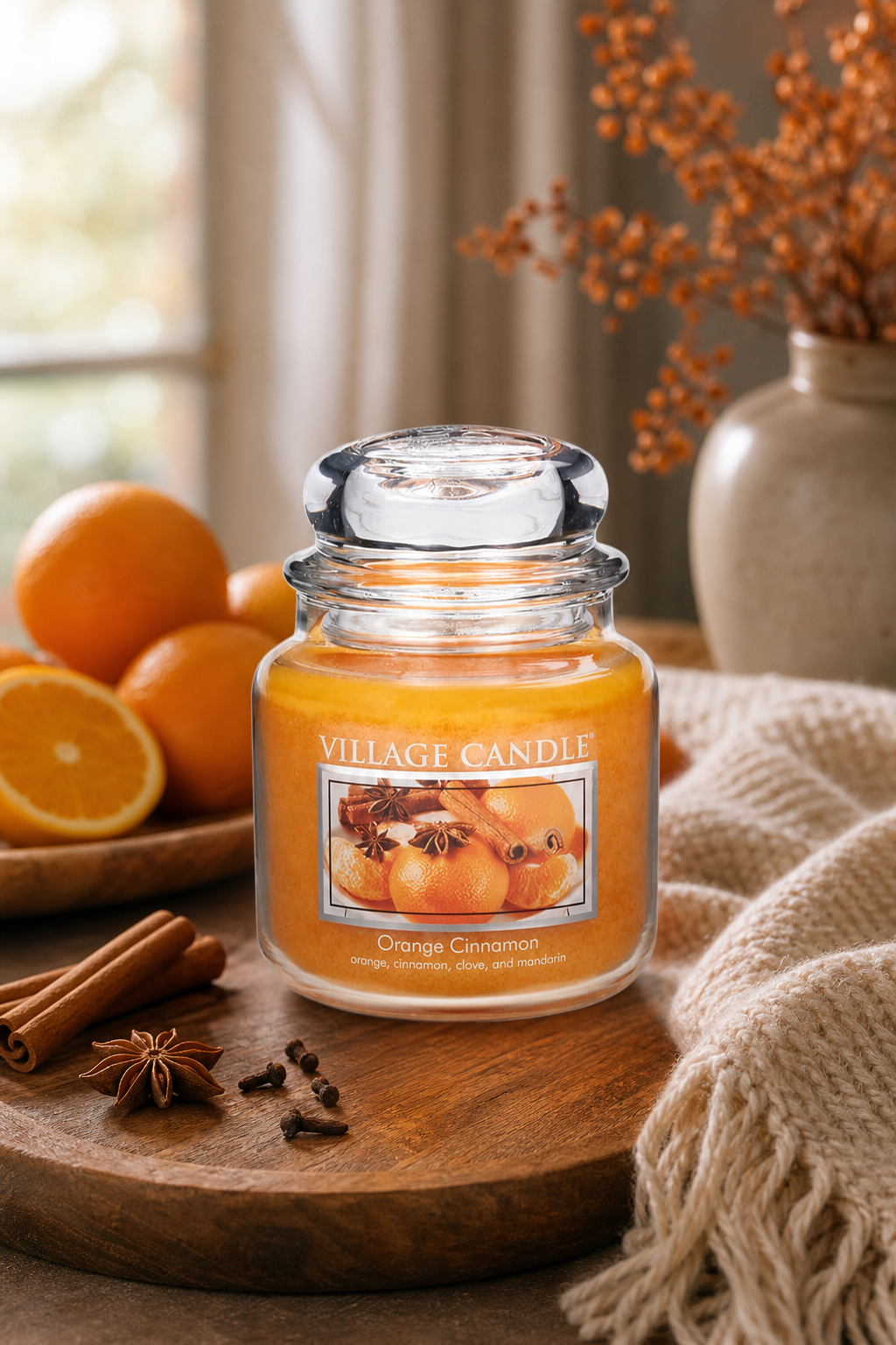 Orange-Cinnamon-Kerze im Glas auf Holztisch mit Orangen und Gewürzen