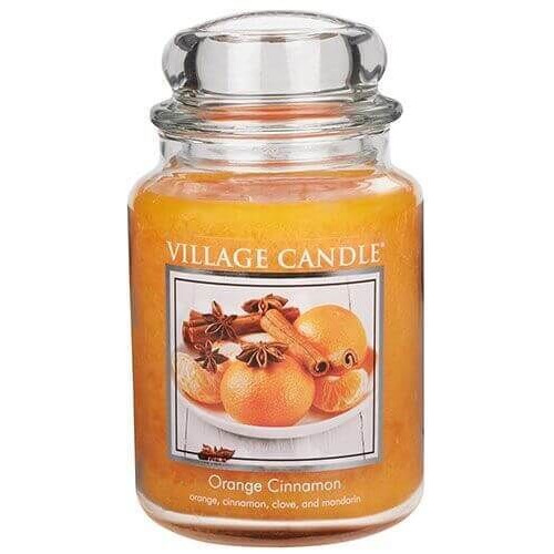 Village Candle Orange Cinnamon Glas Orangefarbenes Village-Candle-Glas mit Etikett Orange Cinnamon