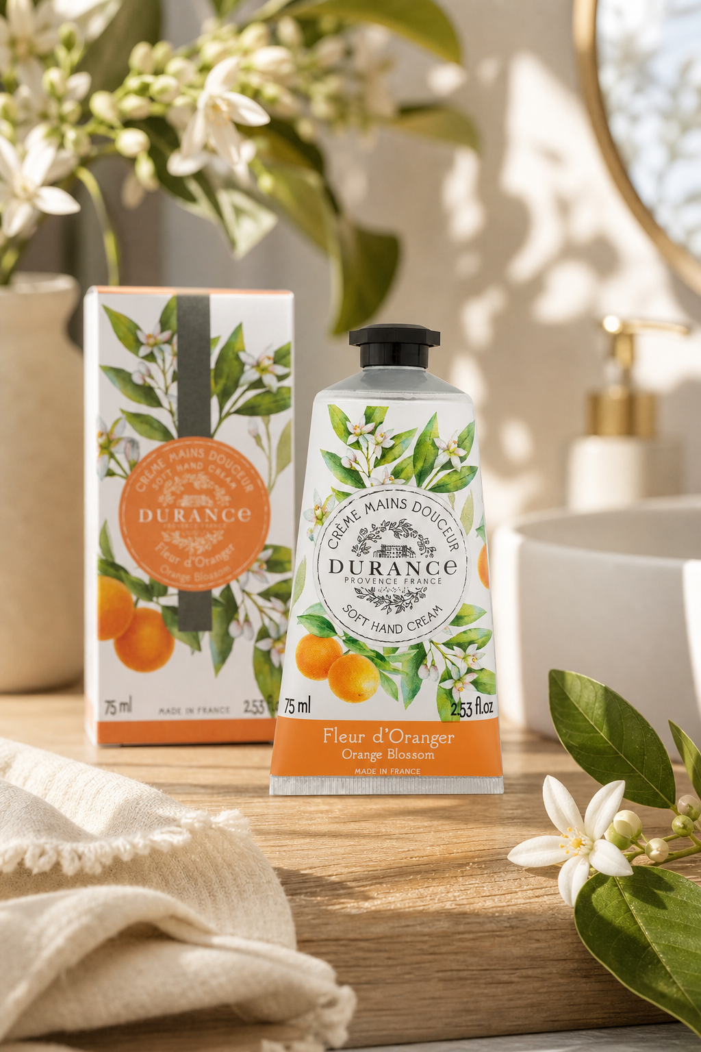 Orangenblüte Handcreme 75ml in einer stimmungsvollen Anwendungsszene