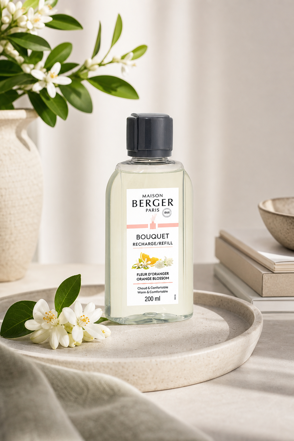 Maison Berger Paris Nachfüllflasche auf Tablett neben weißen Blüten und grünen Blättern