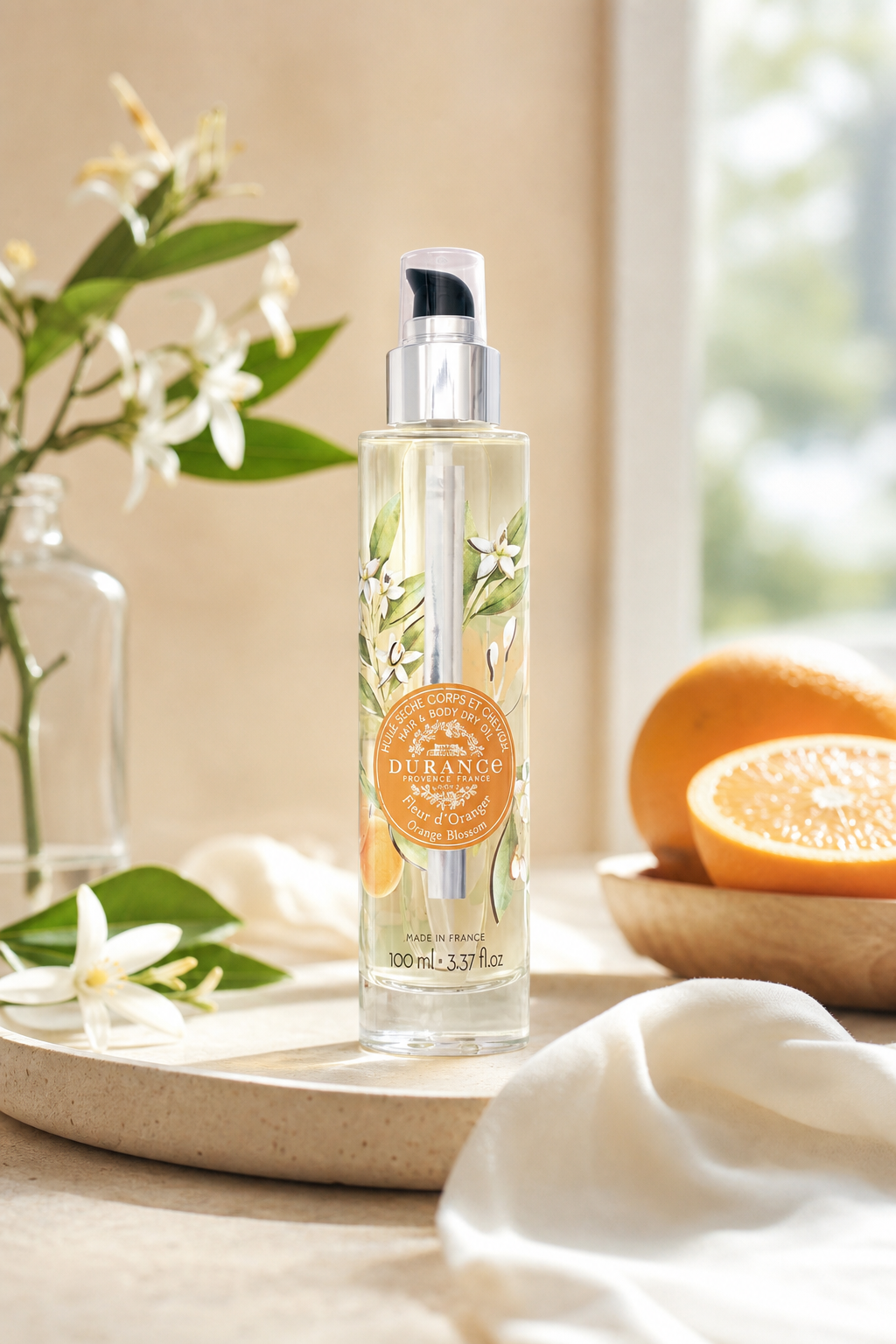 Orangenblüte Trockenöl 100ml in einer stimmungsvollen Anwendungsszene