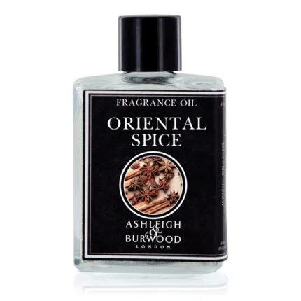Frontansicht der Oriental Spice Fragrance Oil Flasche mit schwarzem Etikett