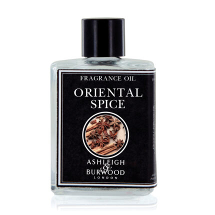 Frontansicht der Oriental Spice Fragrance Oil Flasche mit schwarzem Etikett