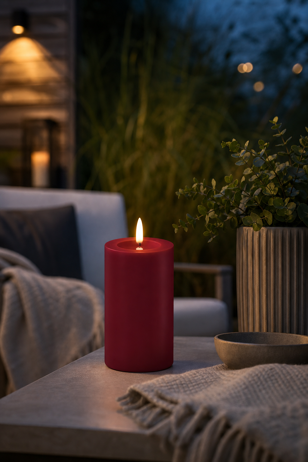 Outdoor Stumpenkerze LED bordeaux 7,5 x 12,5cm in einer stimmungsvollen Anwendungsszene