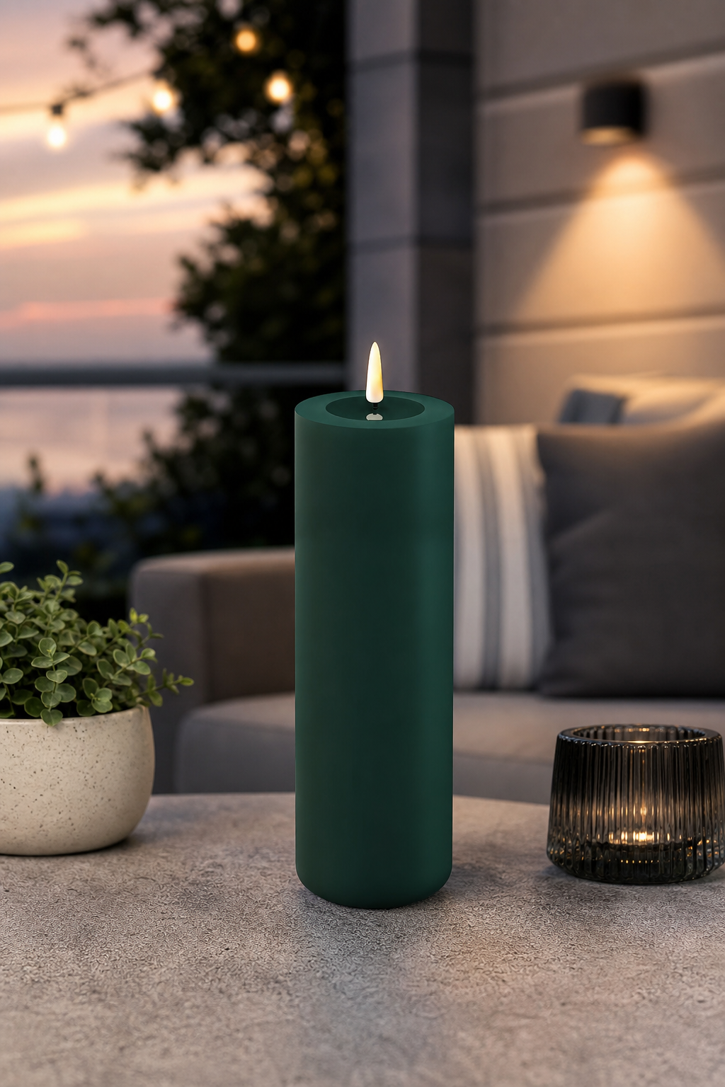 Outdoor Stumpenkerze LED dunkelgrün 7,5 x 20cm in einer stimmungsvollen Anwendungsszene