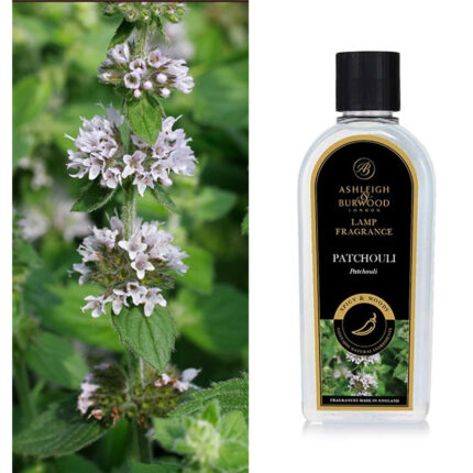 Patchouli-Duftlampenölflasche neben blühender Patchouli-Pflanze