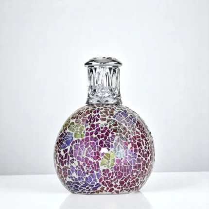 Runde Duftlampe mit violettem Mosaikmuster und dekorativem Aufsatz