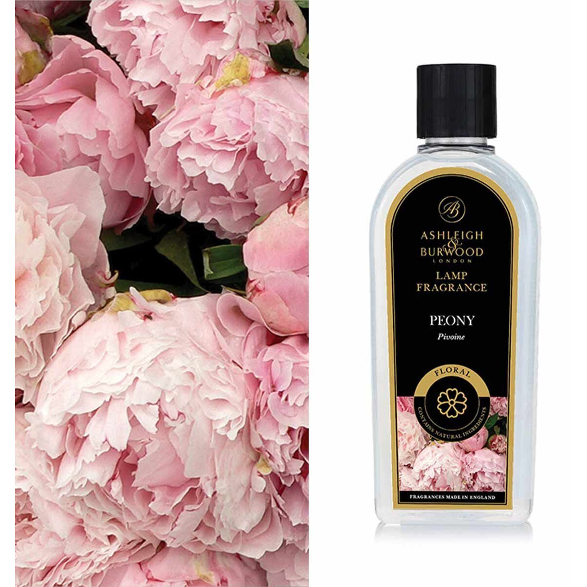 Peony Lamp Fragrance Nachfüller Ashleigh & Burwood Peony Lamp Fragrance Flasche vor rosa Pfingstrosen
