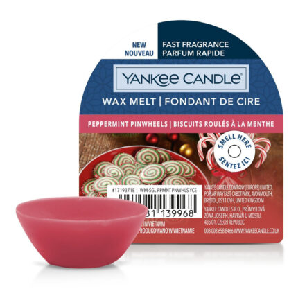 Yankee Candle Peppermint Pinwheels Wax Melt mit rotem Wachsstück und Verpackung