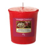 Rote Yankee Candle Kerze mit Etikett Peppermint Pinwheels und 49 g