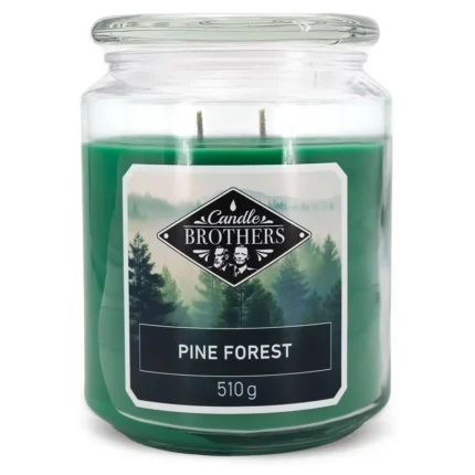 Grüne Candle Brothers Pine Forest Kerze im Glas mit zwei Dochten und 510 g Etikett