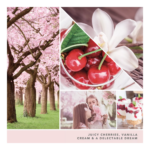 Duftcollage mit Kirschblüten, Kirschen, Vanilleblüte und Dessert