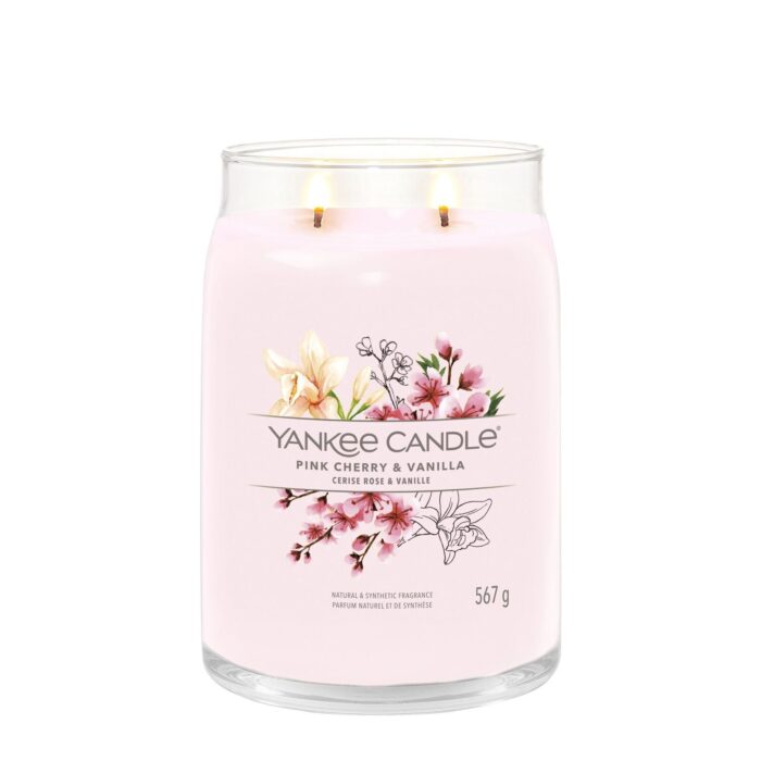 Pink Cherry & Vanilla Kerze mit zwei brennenden Dochten im Glas