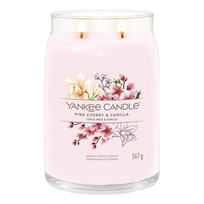 Pink Cherry & Vanilla Kerze mit zwei brennenden Dochten im Glas