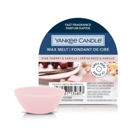 Pinkes Wachsmelt vor der Verpackung mit sichtbarem Pink Cherry & Vanilla-Aufdruck