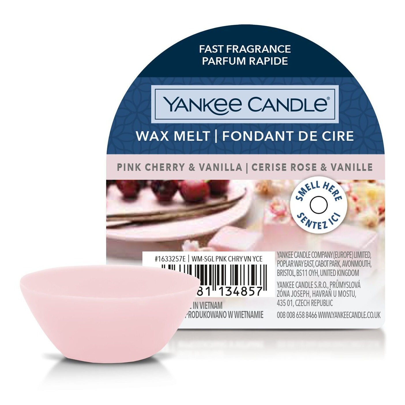 Pink Cherry & Vanilla Wachsmelt Pinkes Wachsmelt vor der Verpackung mit sichtbarem Pink Cherry & Vanilla-Aufdruck