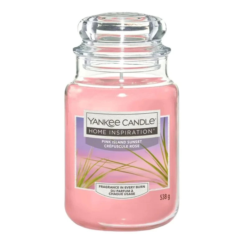 Yankee Candle Pink Island Sunset Pinke Yankee Candle im Glas mit Deckel und Etikett Pink Island Sunset