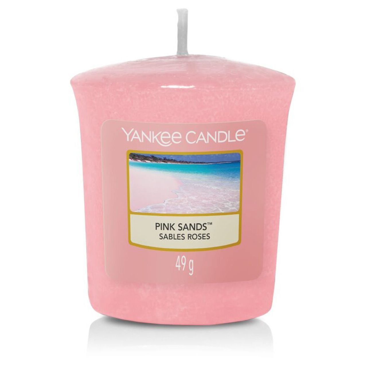 Yankee Candle Pink Sands 49 g Rosa Yankee Candle Pink Sands Kerze mit sichtbarem Docht und Etikett