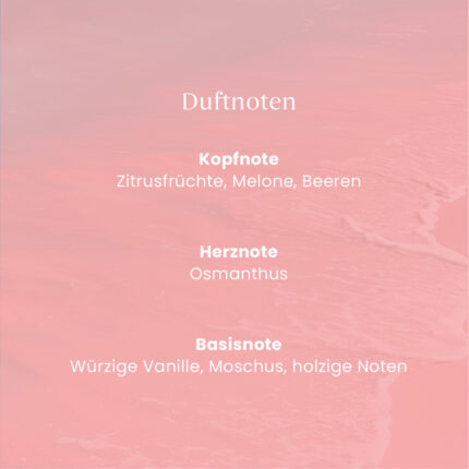Grafik mit Duftnoten von Pink Sands auf rosafarbenem Hintergrund