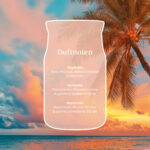 Grafik mit Duftnoten von Pink Sands Glow vor Palmenstrandmotiv