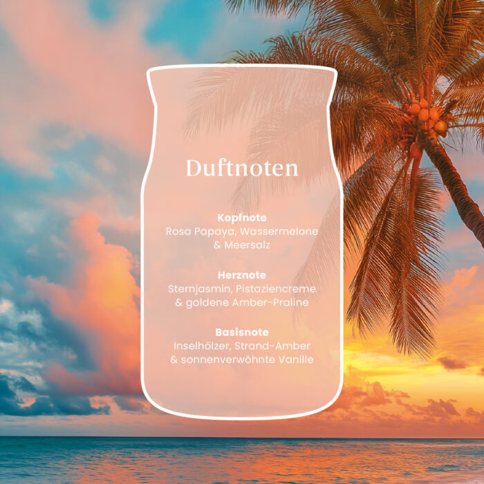 Grafik mit Duftnoten von Pink Sands Glow vor Palmenstrandmotiv