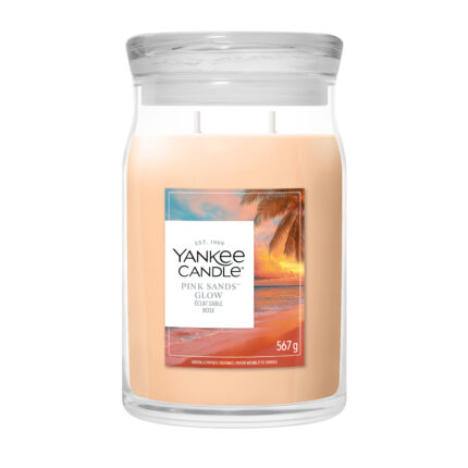 Pink Sands Glow Duftkerze im Glas mit Strandmotiv und zwei Dochten