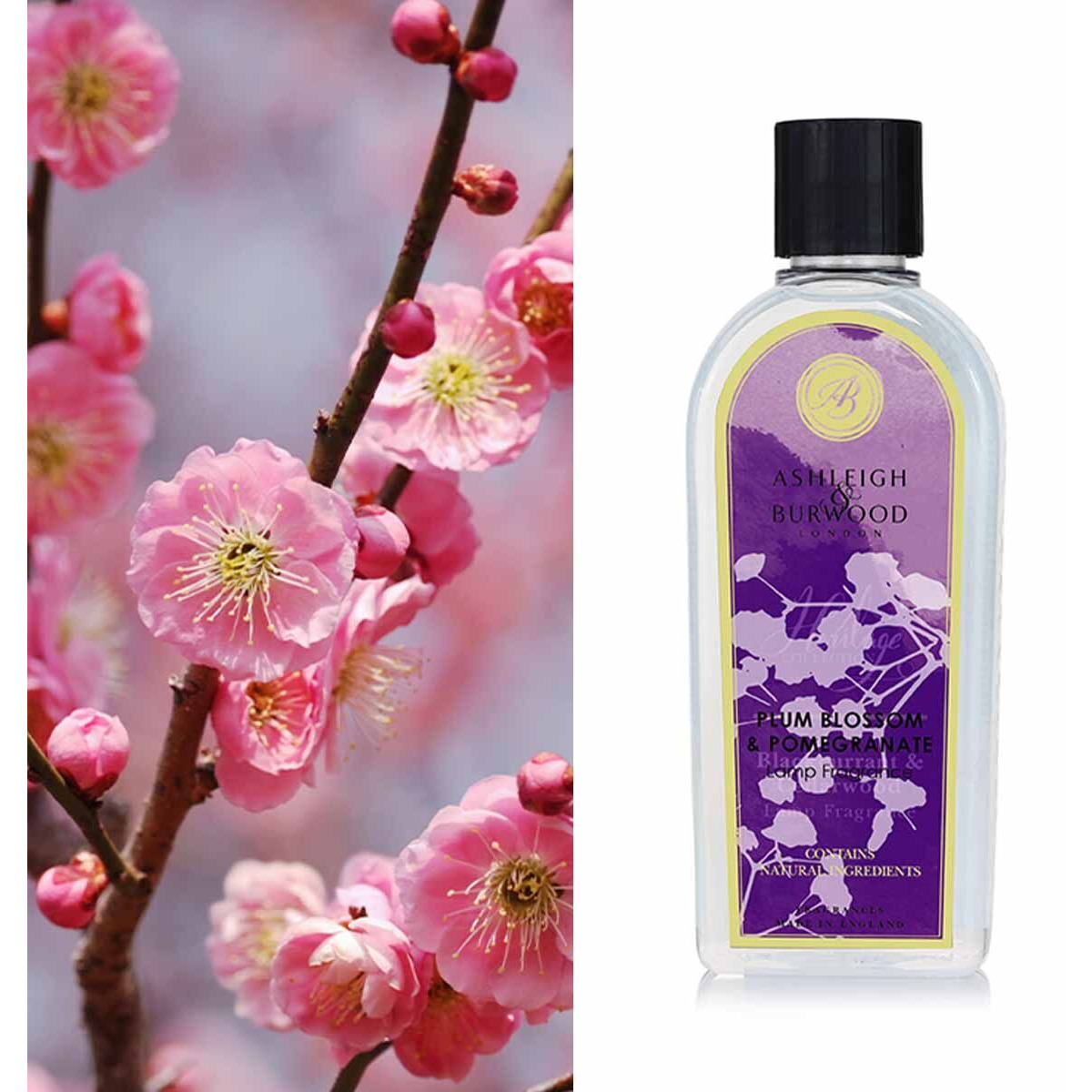Ashleigh & Burwood Duftöl Nachfüller Flasche Ashleigh & Burwood Plum Blossom & Pomegranate vor rosafarbener Blütenkulisse