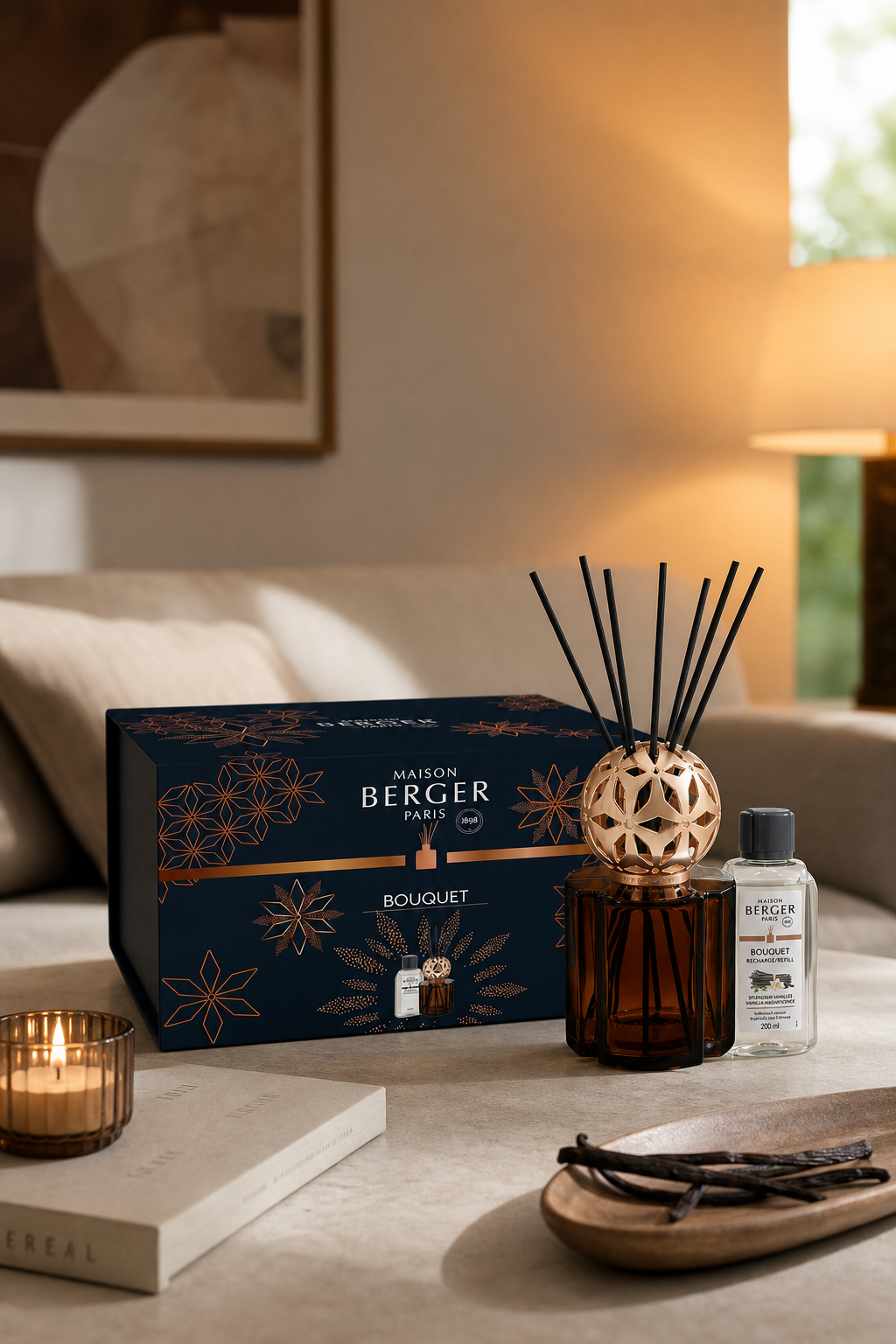 Maison Berger Diffuser-Set mit Verpackung und Nachfüllflasche auf einem Tisch
