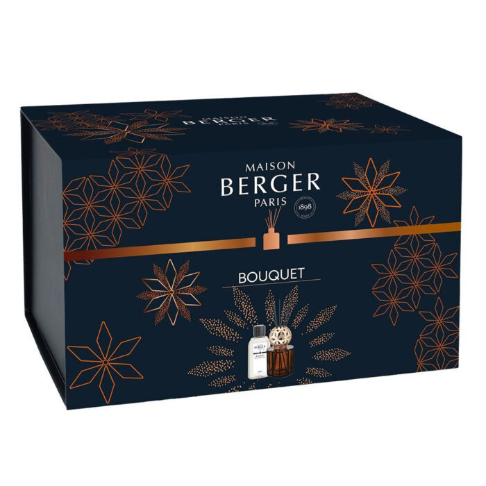 Dunkelblaue Maison Berger Verpackung mit floralen Ornamenten