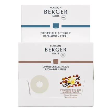 Vorderseite der Verpackung mit Maison Berger Paris und Amber Powder Nachfüller