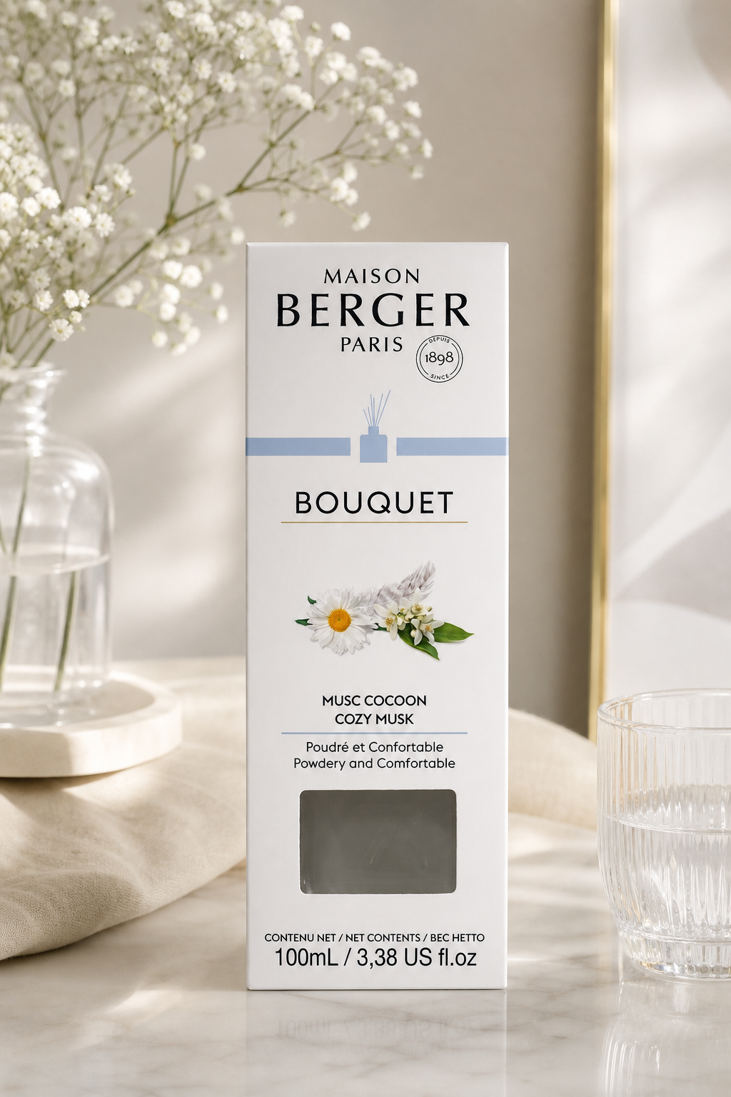 Maison Berger Bouquet-Verpackung Musc Cocoon auf einem Tisch