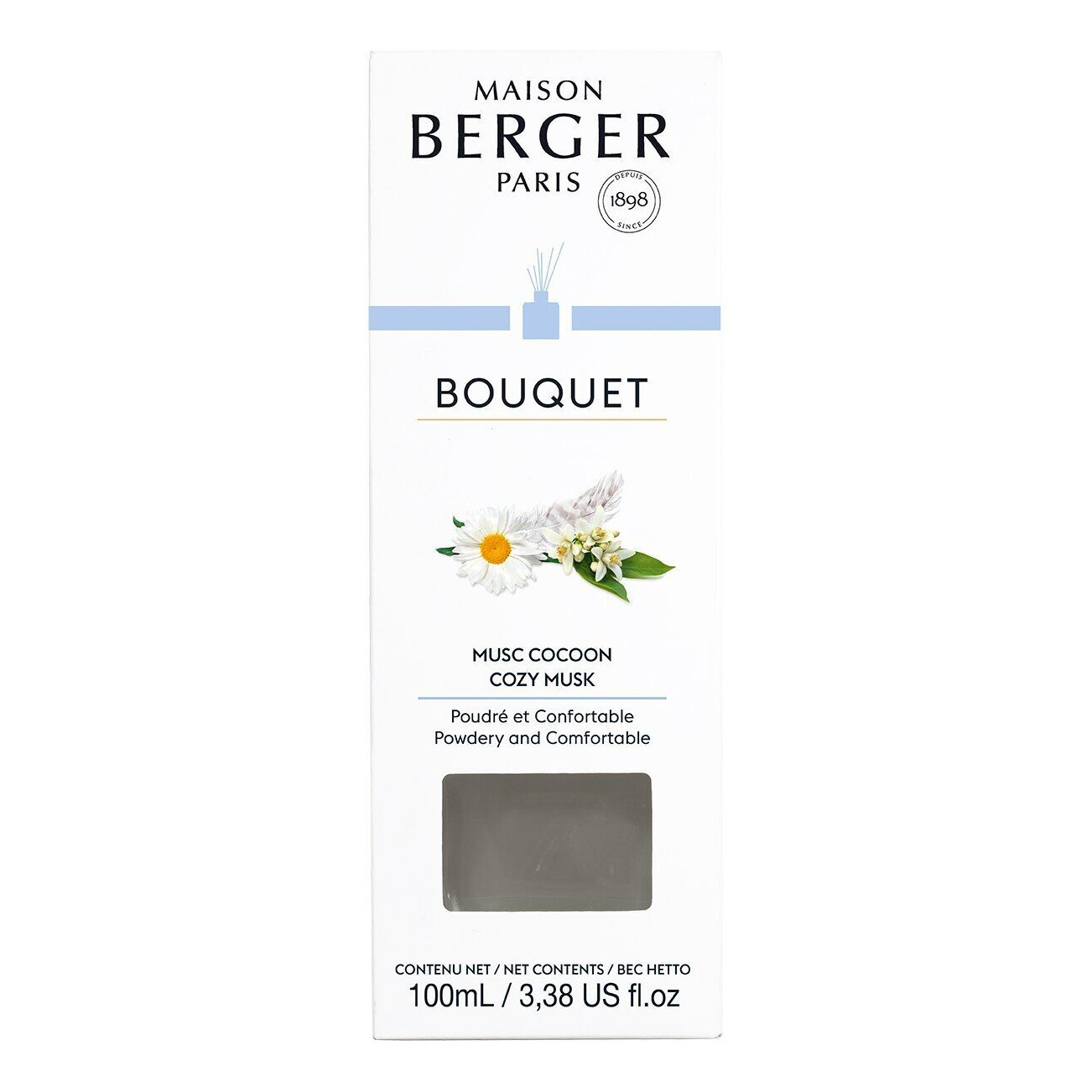 Musc Cocoon Diffuserverpackung Vorderseite der Bouquet-Verpackung mit Musc Cocoon Duftbezeichnung