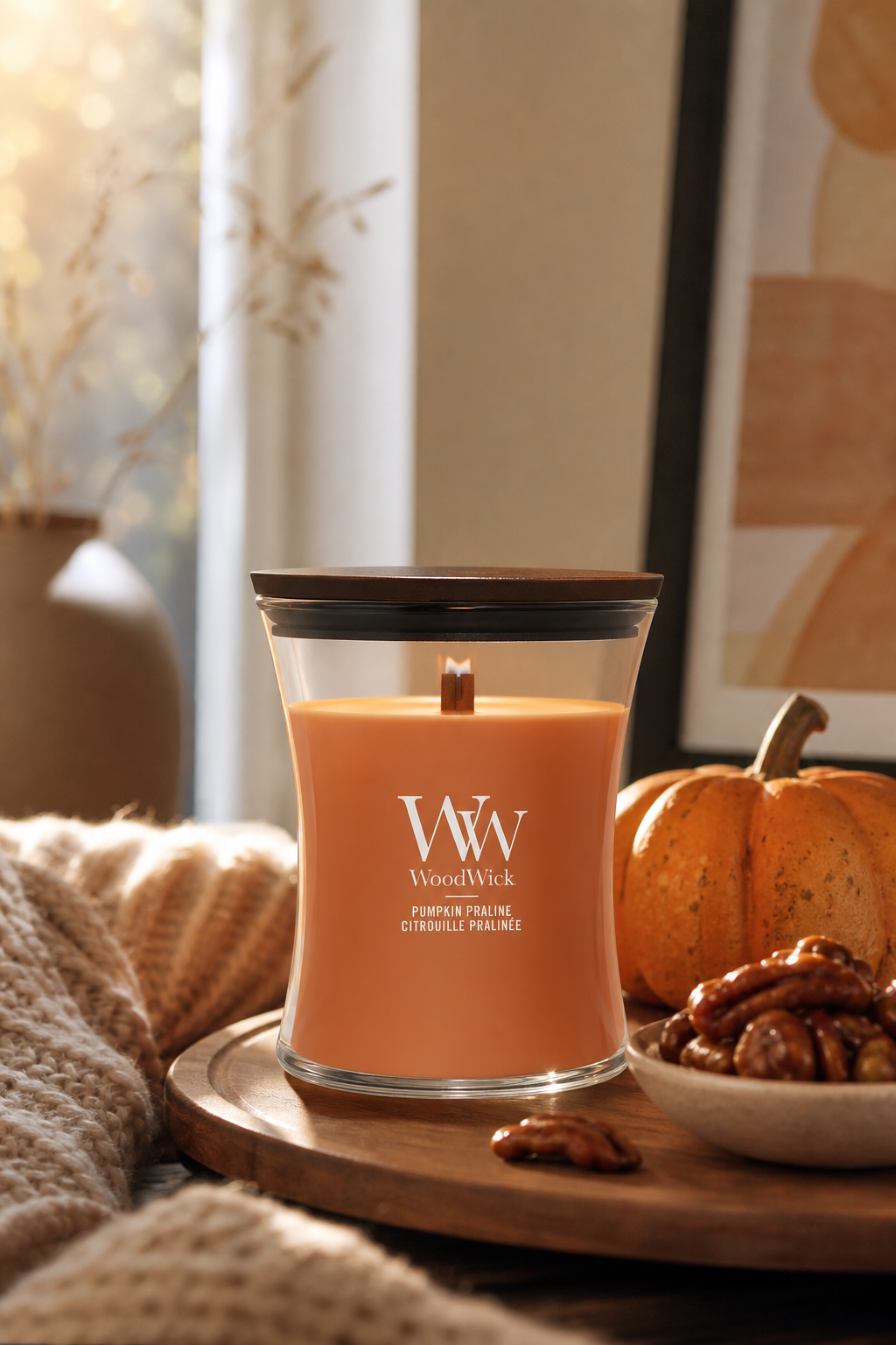 WoodWick Pumpkin Praline Kerze auf einem Tablett neben Kürbis und Gebäck