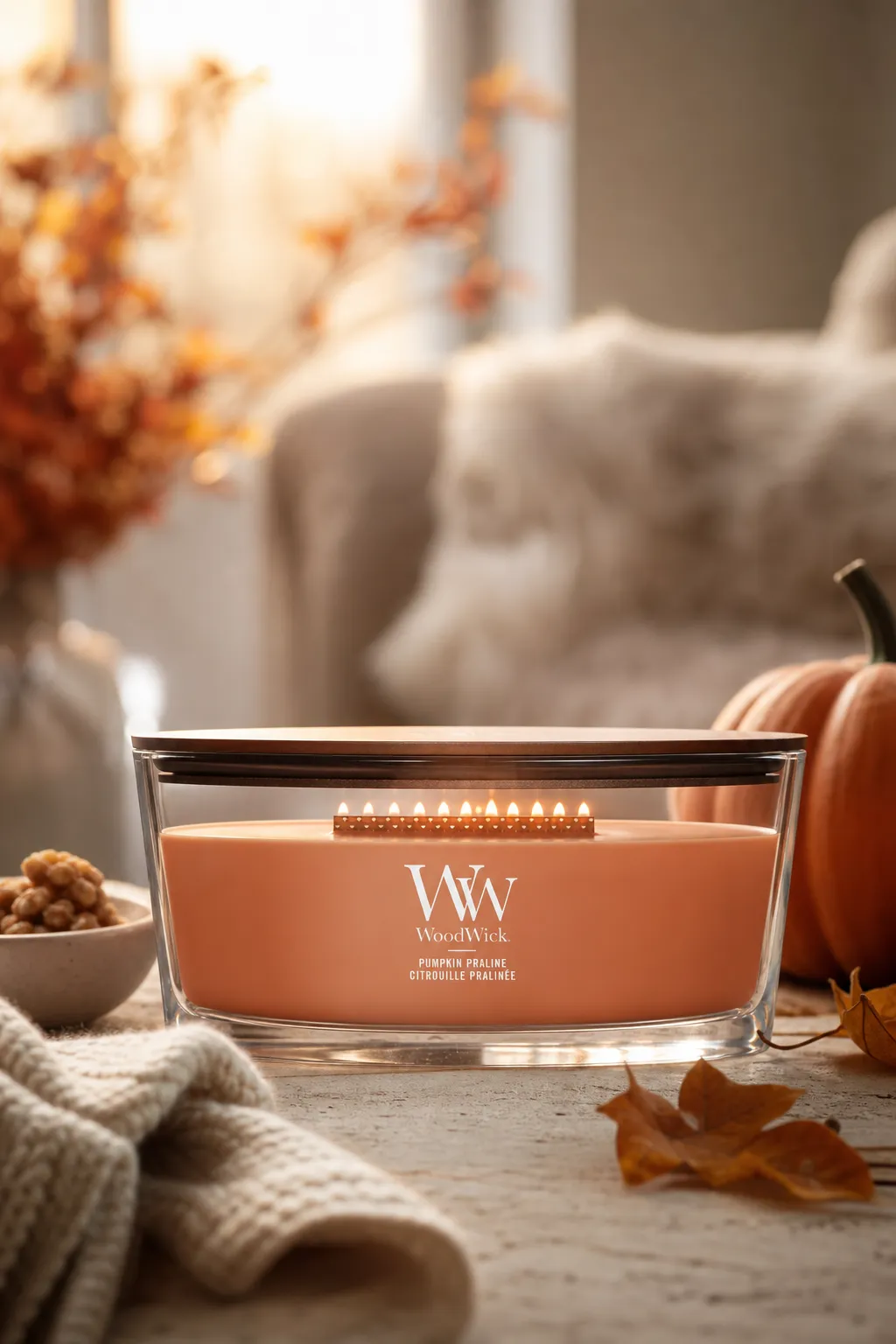 WoodWick Pumpkin Praline Kerze brennend im Glas auf einem Tisch