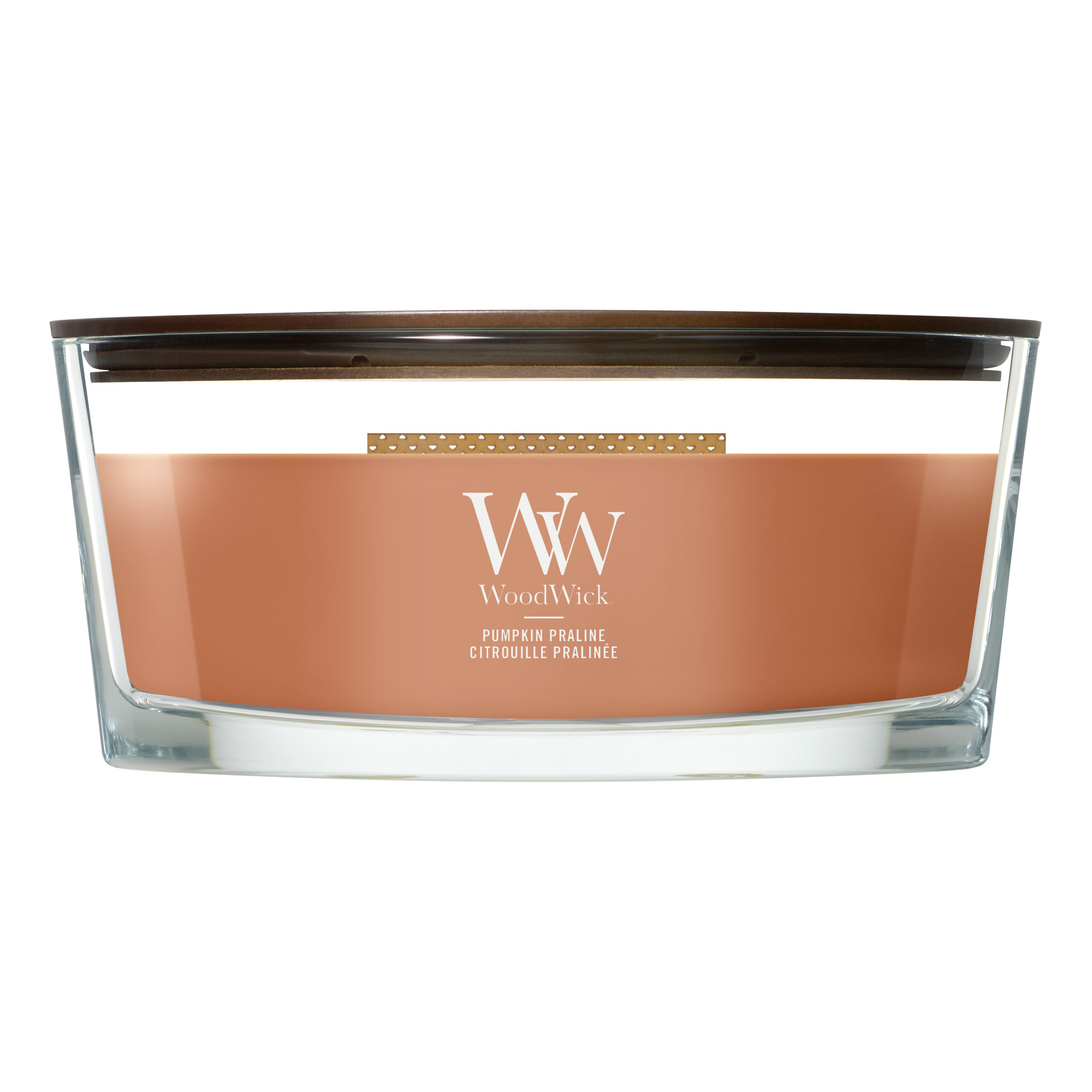 Pumpkin Praline Kerze frontal Frontalansicht der WoodWick Pumpkin Praline Kerze im Glas