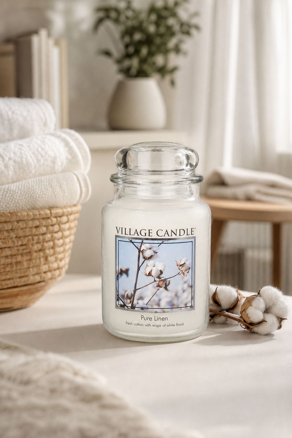 Village Candle Pure Linen Kerze im Glas neben Baumwollzweigen