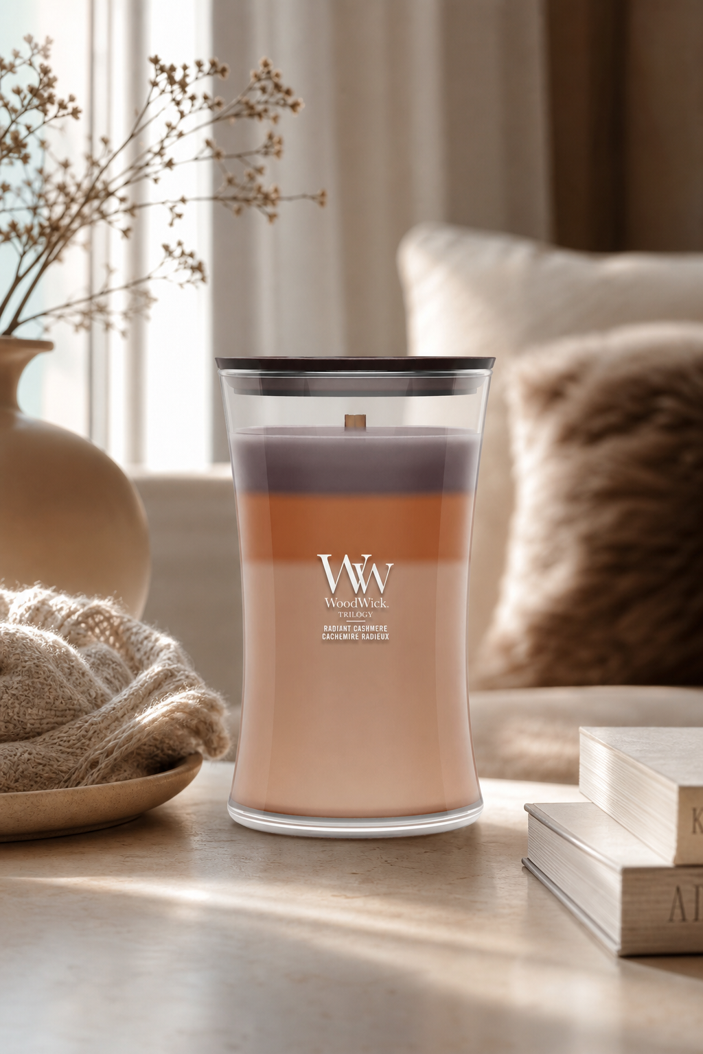 WoodWick Radiant Cashmere Trilogy Kerze im Glas auf einem Wohnzimmertisch