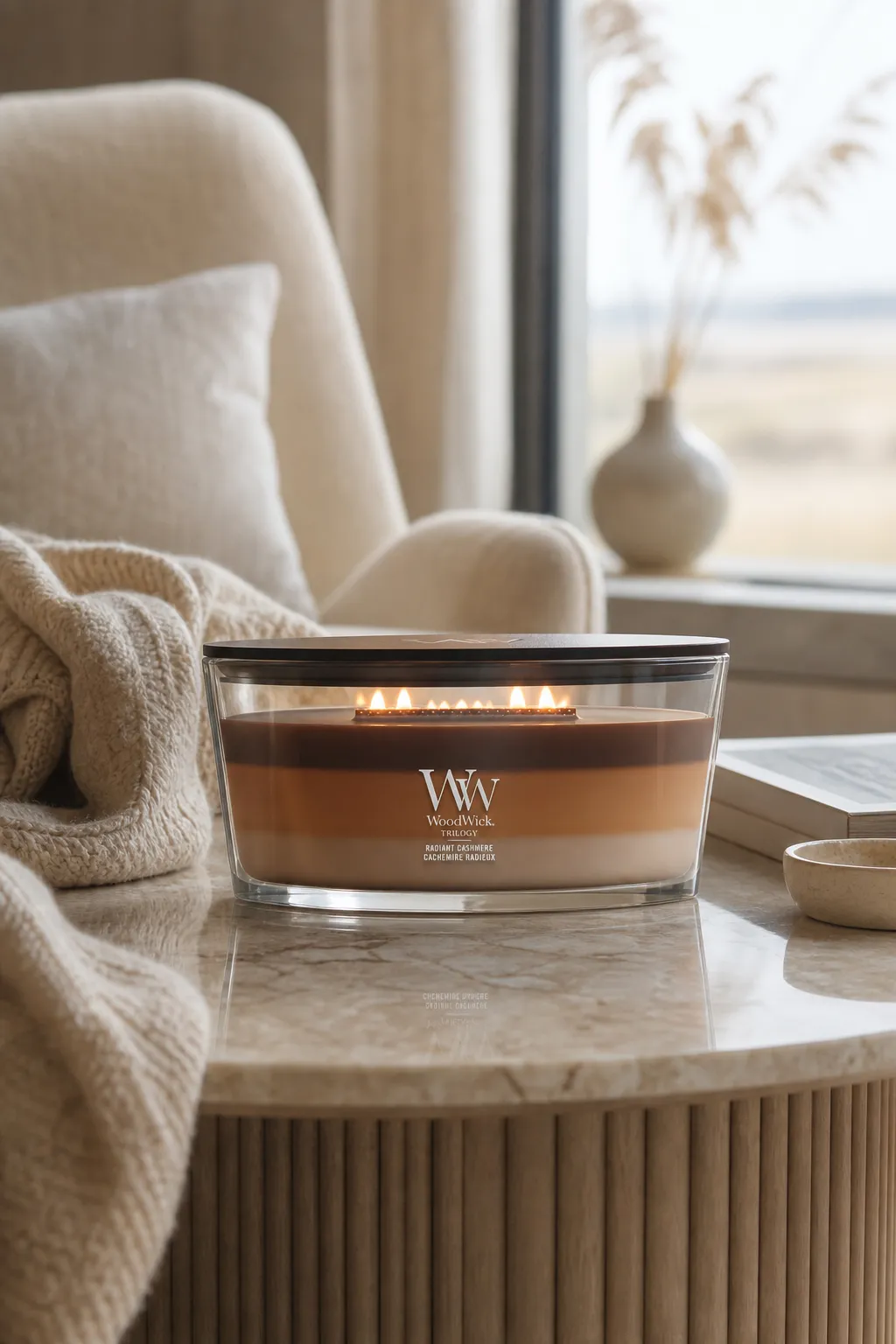 Brennende WoodWick Radiant Cashmere Trilogy-Kerze auf einem Tisch im Wohnbereich